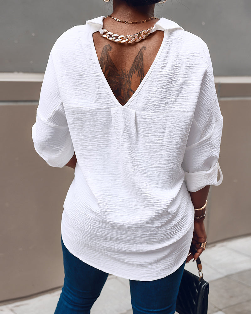 Metal Chain Decor Turn-down Collar Turn-Up Sleeves Front Button Shirt Casual Backless Asymmetrical Hem Top