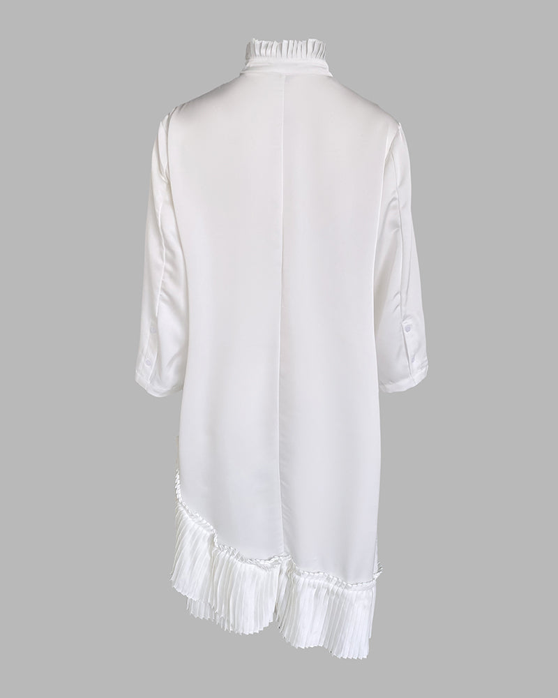 Pleated High Neck Button Down Asymmetrical Pleated Ruffle Hem Vacation Dress Casual High-Low Hem Loose Dress