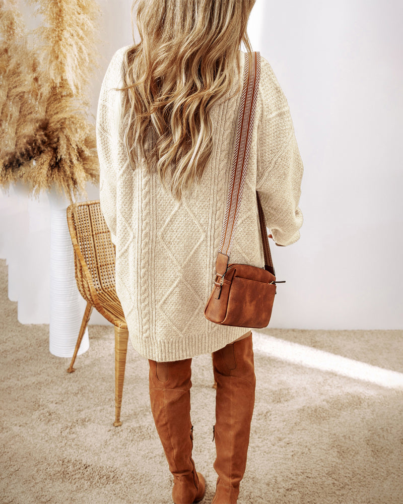 Round Neck Long Sleeve Drop Shoulder Pullover Sweater Casual Loose Fit Cable Knit Mid-length Sweater