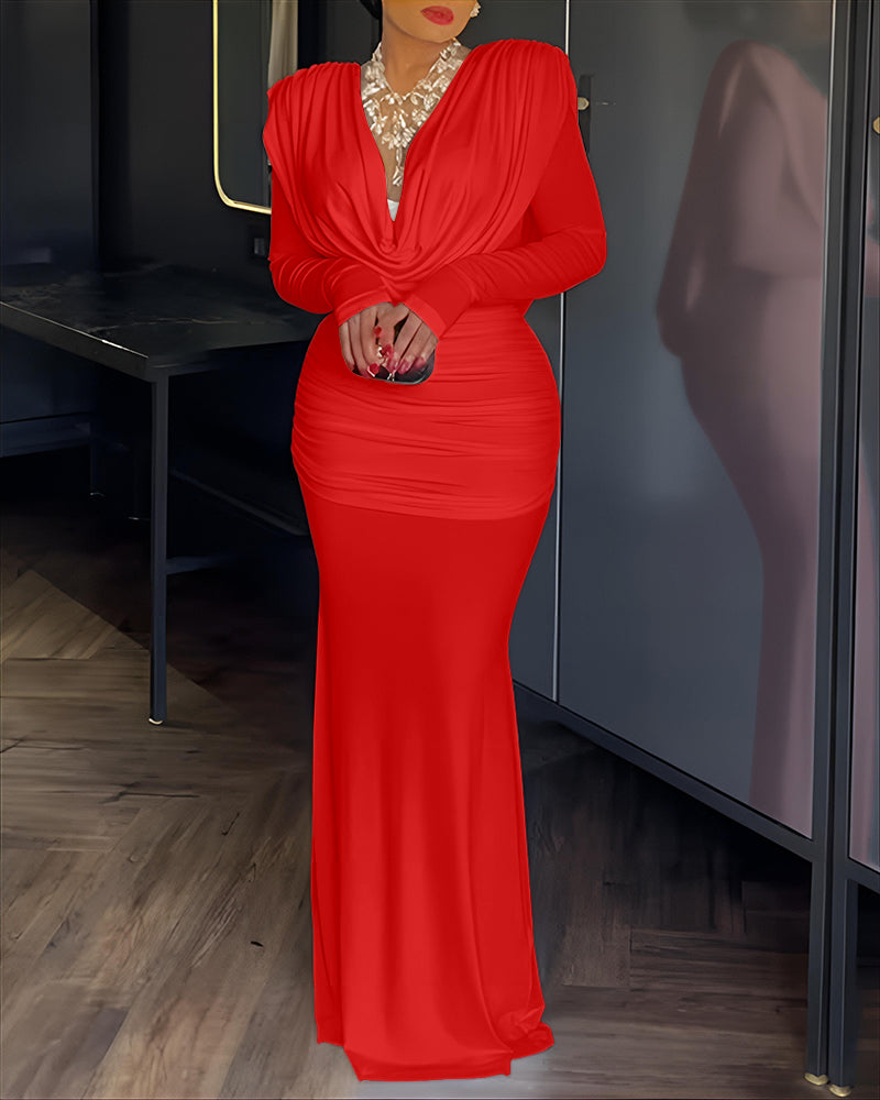 Cowl Neck Ruched Zipper Back Slim Fit Maxi Dress Casual Padded Shoulders Backless Evening Dress