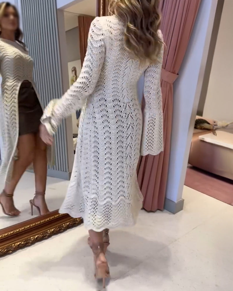 Round Neck Asymmetrical Hem Hollow Out Knitted Sweater Casual Scallop Trim Bell Sleeve Top