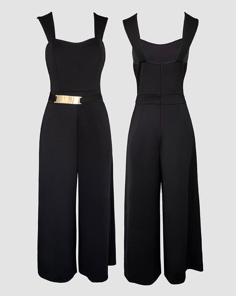 2 Pieces Outfit Metal Decor Square Neck Thick Strap Zipper Back Cinched Waist Wide Leg Jumpsuit and Casual Crop Cardigan Set