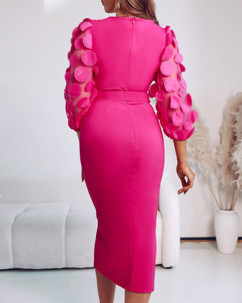 3D Polka Dot Appliques Mesh Lantern Sleeve Zipper Back Slit Work Dress Cinched Waist Slim Fit Mid-Length Dress With Belt