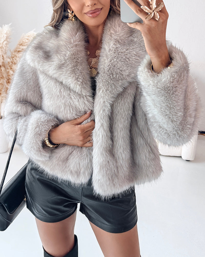 Turn-down Collar Long Sleeve Faux Fur Coat Jacket Casual Warm Fluffy Cropped Coat