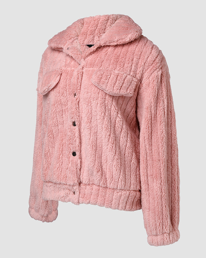 Textured Striped Turn-down Collar Button Front Elastic Cuff and Hem Teddy Fleece Jacket With Decorative Flap Pockets