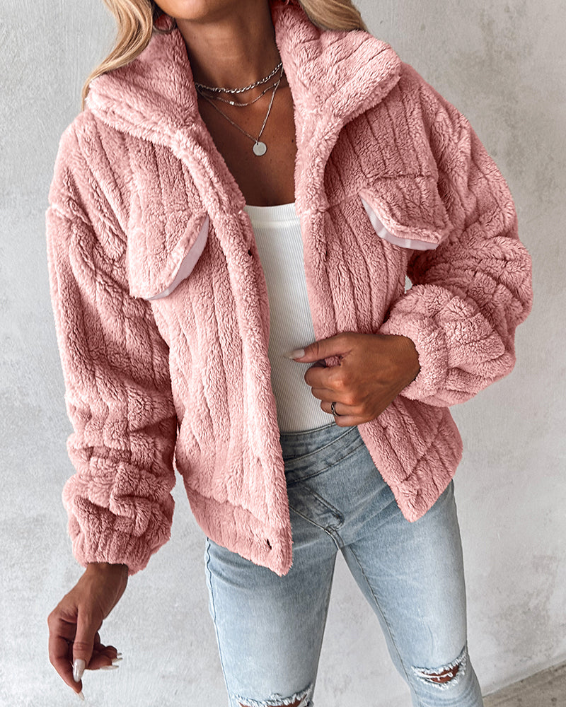 Textured Striped Turn-down Collar Button Front Elastic Cuff and Hem Teddy Fleece Jacket With Decorative Flap Pockets