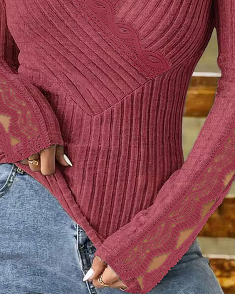 Overlap V-Neck Lace Trim Hollow-out Long Sleeve Tee Slim Fit Ribbed Layering Top