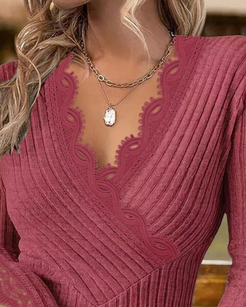 Overlap V-Neck Lace Trim Hollow-out Long Sleeve Tee Slim Fit Ribbed Layering Top