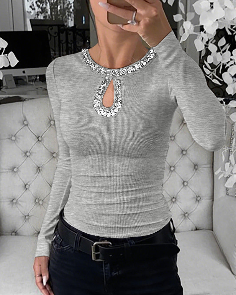 Rhinestone Decor Keyhole Neck Hollow Water Drop Ribbed Top Long Sleeve Slim Fit Layering Top