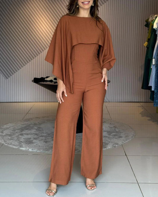 Women's Cape Jumpsuit High Waist Straight Leg Overalls Elegant Evening Jumpsuit with Pockets