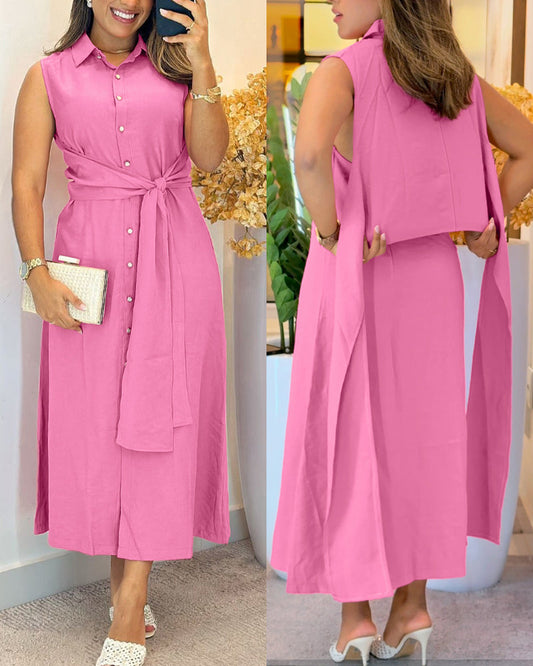 Turn-down Collar Sleeveless Button Front Shirt Dress Casual Open Back Tied Detail Commuting Dress