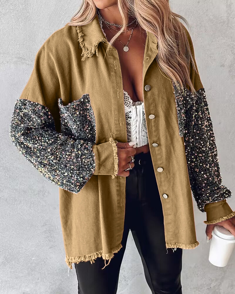 Casual Jacket Sequin Patchwork Long Sleeve Jacket Top Button Front Raw Hem Oversized Denim Shacket