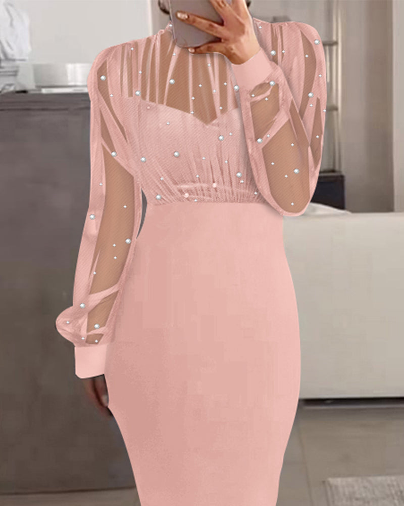Mock Neck Sheer Mesh Spliced Beaded Bodycon Dress Zipper Back Slit Party Dress