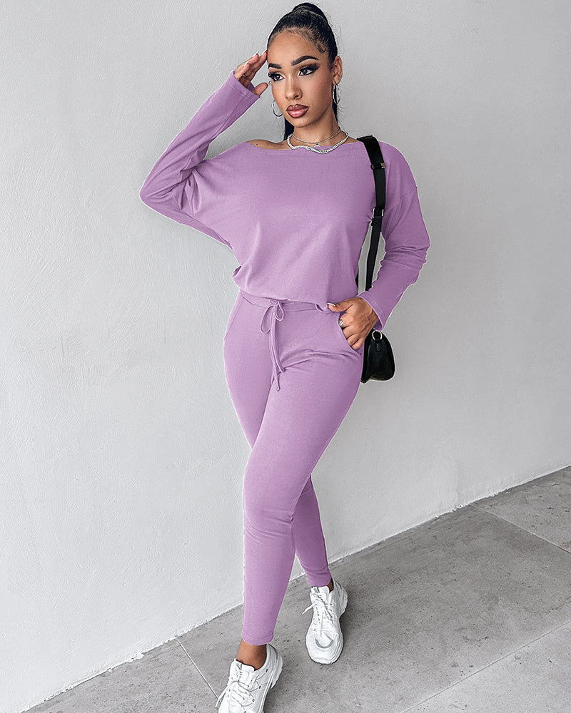 2 Pieces Outfit Long Sleeve Skew Neck Pullover Top and Drawstring Elastic Waist Slim Fit Pants Set