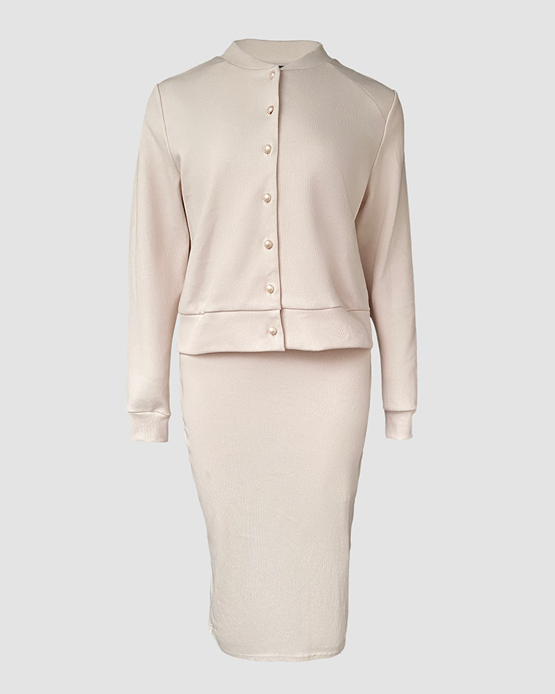 2 Pieces Outfit U-Neck Slit Back Slim Fit Knit Tank Dress and Pearl Button Front Baseball Coat Casual Ribbed Set