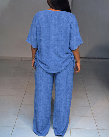 Women's Textured 2 Piece Outfits V Neck Drawstring Ruched Top and Wide Leg Pants Set Casual Loose Loungewear