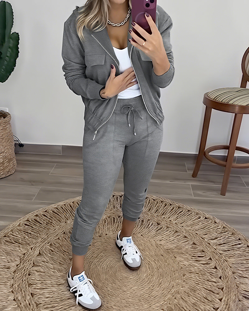 2 Pieces Outfit Long Sleeve Zip Up Flap Pockets Design Stretchy Hem Hoodie Coat and Drawstring Elastic Waist Slim Fit Pants Set