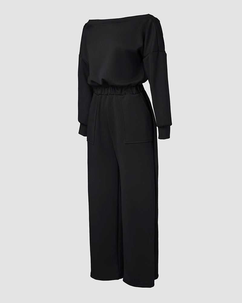 Off Shoulder V-Back Elastic Waist Pockets Design Jumpsuit Casual Drop Shoulder Cinched Waist Wide Leg Jumpsuit