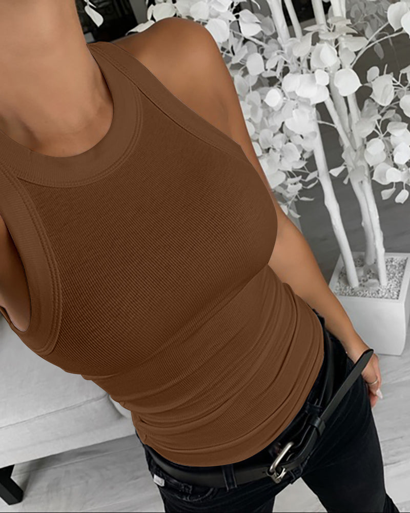 2-Pack Round Neck Thick Strap Racerback Ribbed Tank Slim Fit Tops without Bra Pads