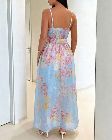 CHICME Women's Watercolor Floral Cami Dress Adjustable Straps High Waist A-Line Maxi Dress with Matching Belt