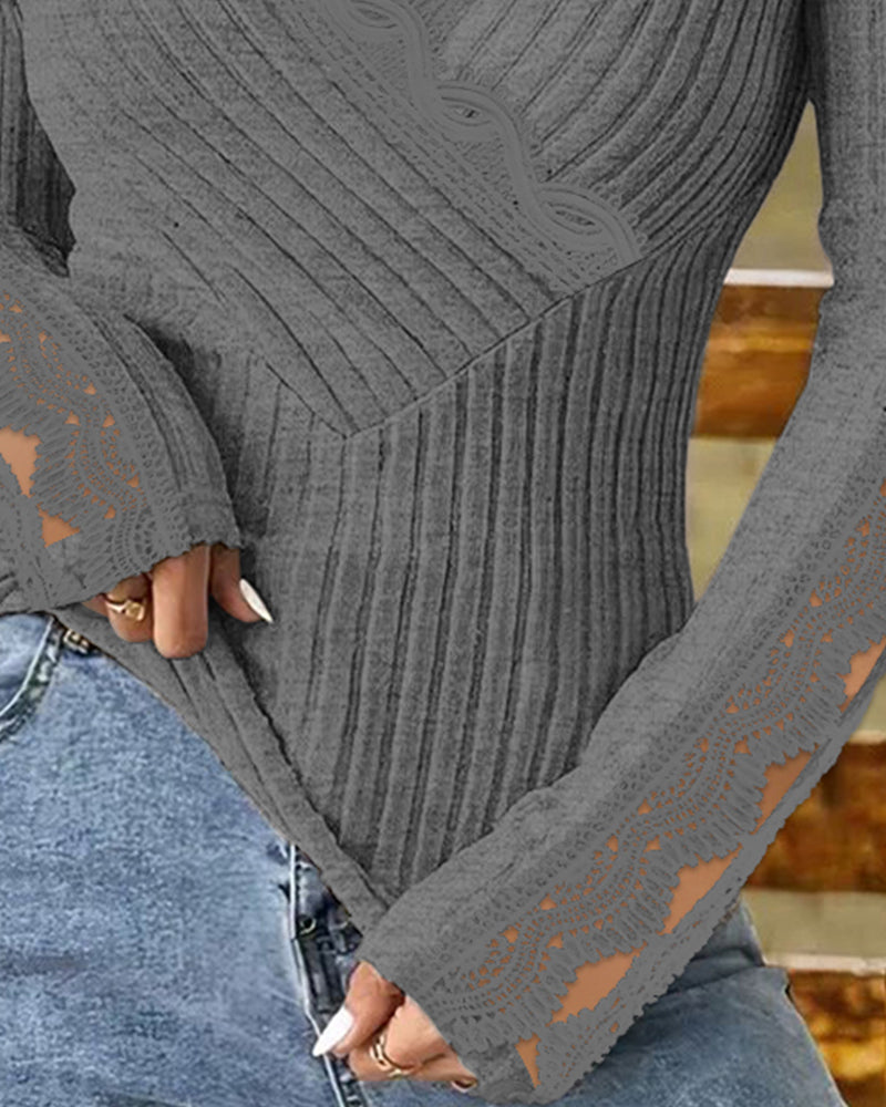 Overlap V-Neck Lace Trim Hollow-out Long Sleeve Tee Slim Fit Ribbed Layering Top