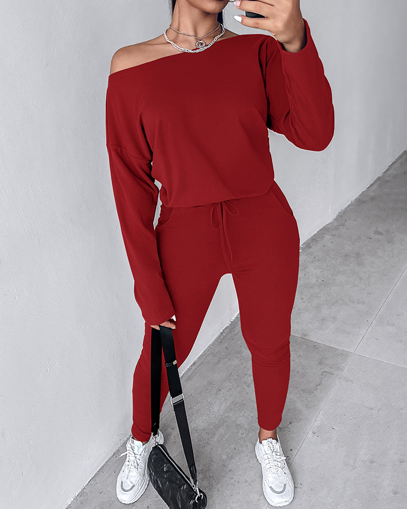 2 Pieces Outfit Long Sleeve Skew Neck Pullover Top and Drawstring Elastic Waist Slim Fit Pants Set