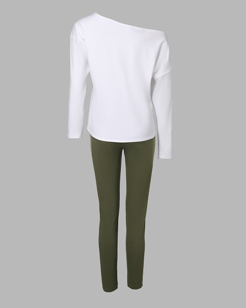 2 Pieces Outfit NOPE. not today Slogan Print Skew Neck Long Sleeve Pullover Top and Casual Drawstring Stretchy Waist Slim Fit Pants Set