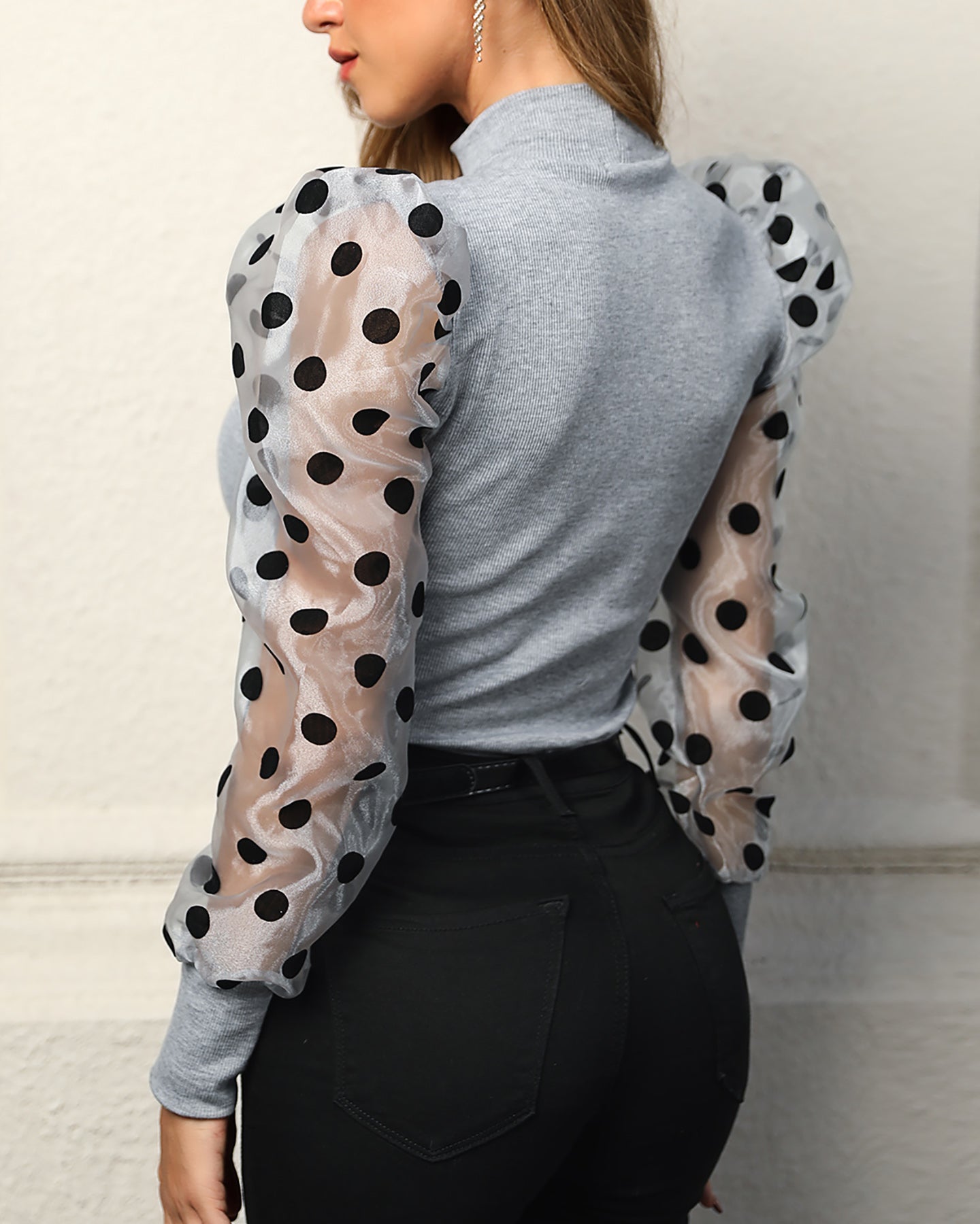 Dot Mesh Patch Mock Neck Puff Sleeve Blouse Casaul Pullover Knit Top