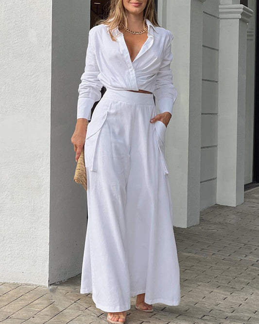 2 Pieces Outfit Turn-down Collar Long Sleeve Ruched Stretchy Hem Crop Top and Casual Elastic Back Waist Pockets Design Wide Leg Pants Set