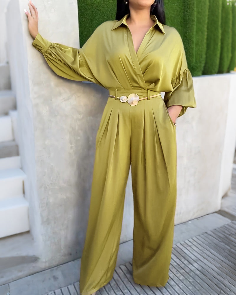 Women's Two Piece Satin Outfit Turn-down Collar Wrap Crop Shirt and Wide Leg Pants Set Elegant Matching Set