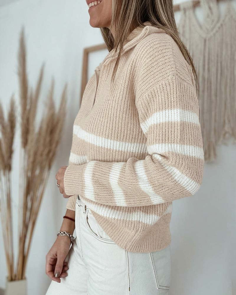 Women's Half Zip Striped Sweater Colorblock Turn-down Collar Knit Pullover Drop Shoulder Loose Fit Top