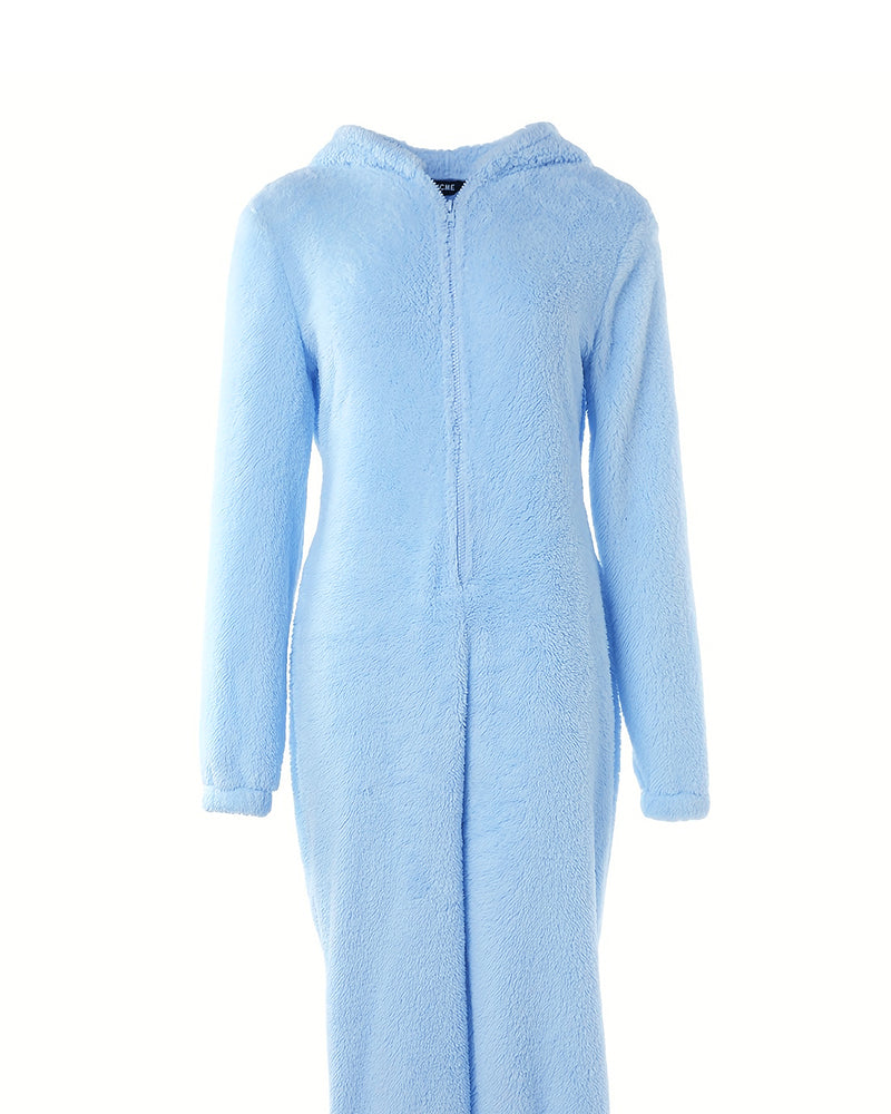 3D Ear Buttoned Flap Functional Fluffy Lounge Jumpsuit