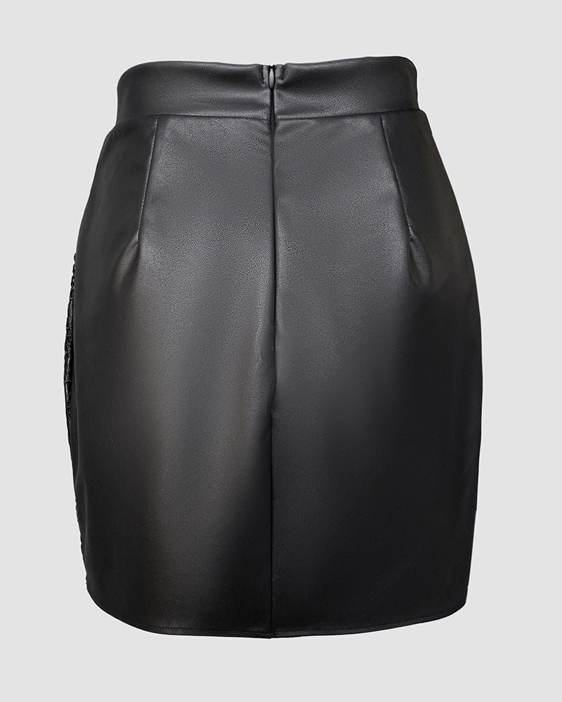 PU Leather Hollow-out Pattern Zipper Back Bodycon Skirt