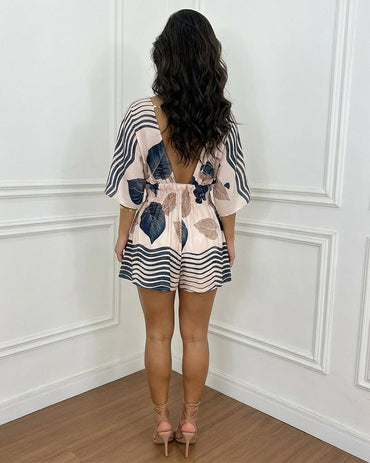 Tropical Leaves Print Overlap V Neck Batwing Sleeve High Waist Romper Casual Striped Spliced Backless Tie Back Shirred Waist Vacation Romper