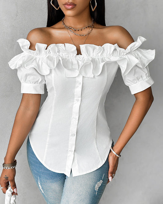 Ruffles Off Shoulder Short Sleeve Button Front Blouse Asymmetrical Hem Top