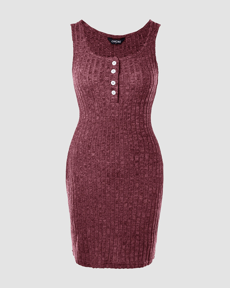 Pocket Design Ribbed Tank Dress Sleeveless Button Front Pullover Bodycon Mini Dresses