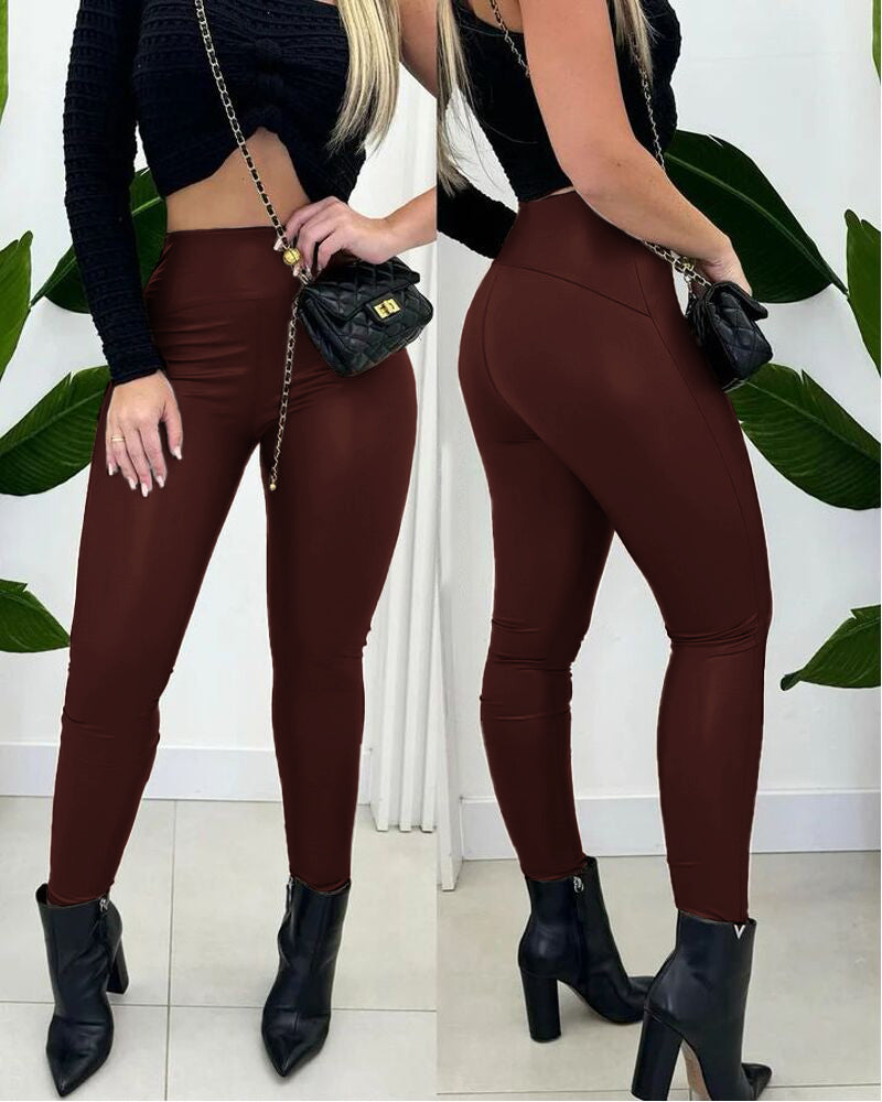 ChicMe CurveEase PU Leather Leggings High Waist Curved Fleece Lined Tights Casual Pants