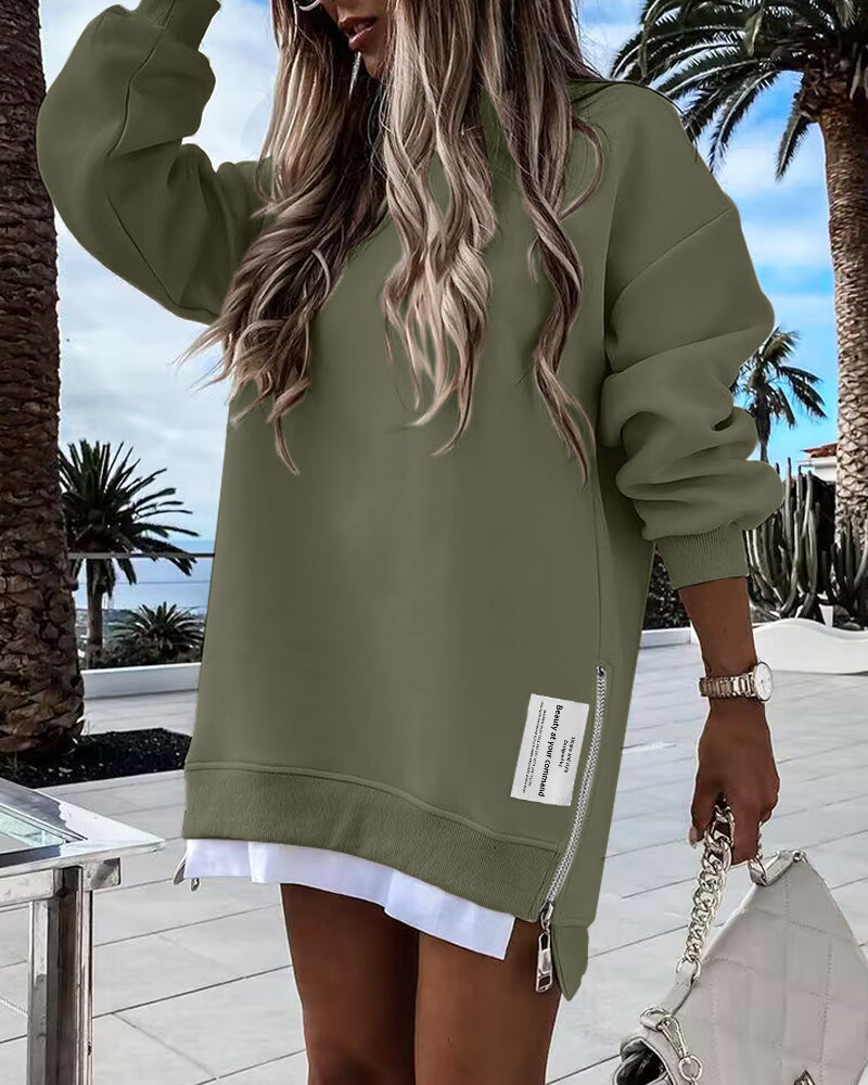 Letter Patch Detail Long Sleeve Drop Shoulder Pullover Sweatshirt Casual Zipper Side Slit Top