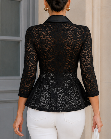 Women's Lace Patchwork Blazer Elegant Shawl Lapel Peplum Coat Single Breasted Three Quarter Sleeve Outwear