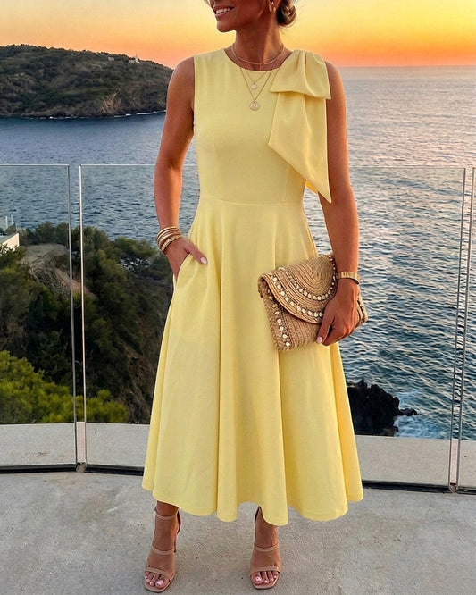 Women's Bowknot A Line Midi Dress Sleeveless Crewneck High Waist Party Dress Elegant Evening Gown
