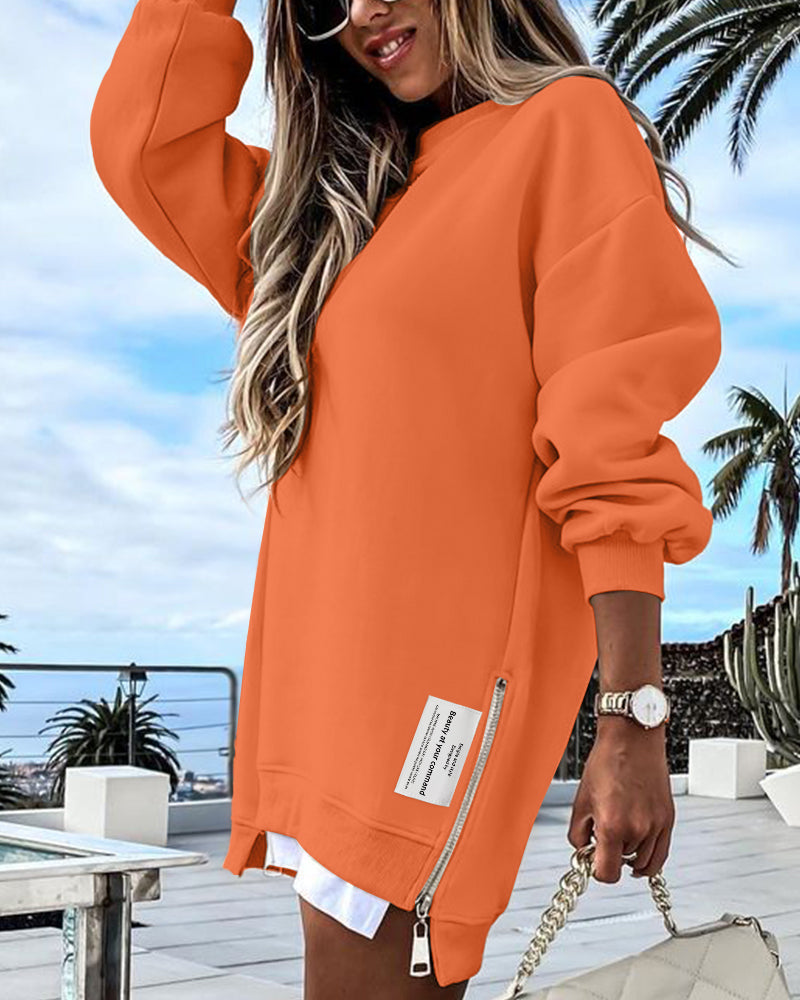 Letter Patch Detail Long Sleeve Drop Shoulder Pullover Sweatshirt Casual Zipper Side Slit Top