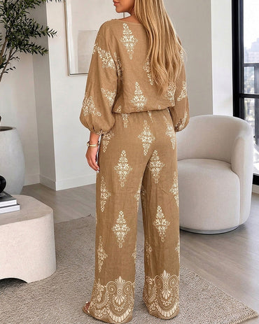 Women's 2 Piece Vintage Print Bohemian Outfit Skew Neck Lantern Sleeve Top and High Waisted Pants Set Casual Vacation Set