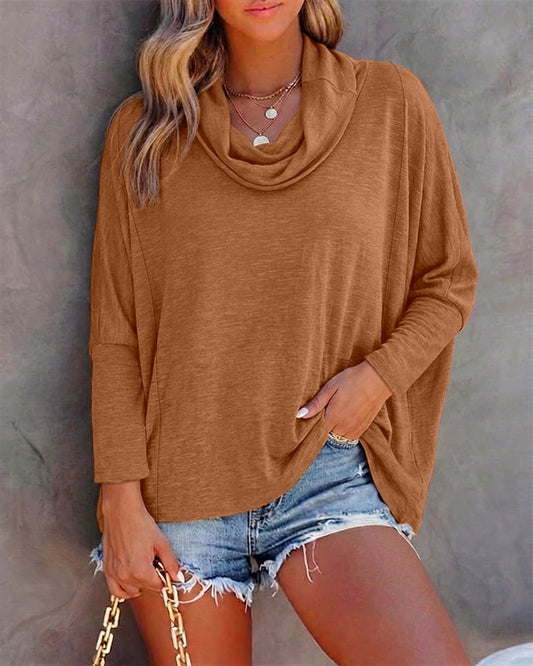 Women's Cowl Neck Batwing Sleeve Top Casual Long Sleeve Loose Pullover Comfortable Soft Drape Blouse
