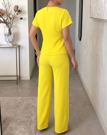 Women's 2 Piece Outfits Short Sleeve Button Down Top and Straight Leg Pants Set Casual Commuter Suits