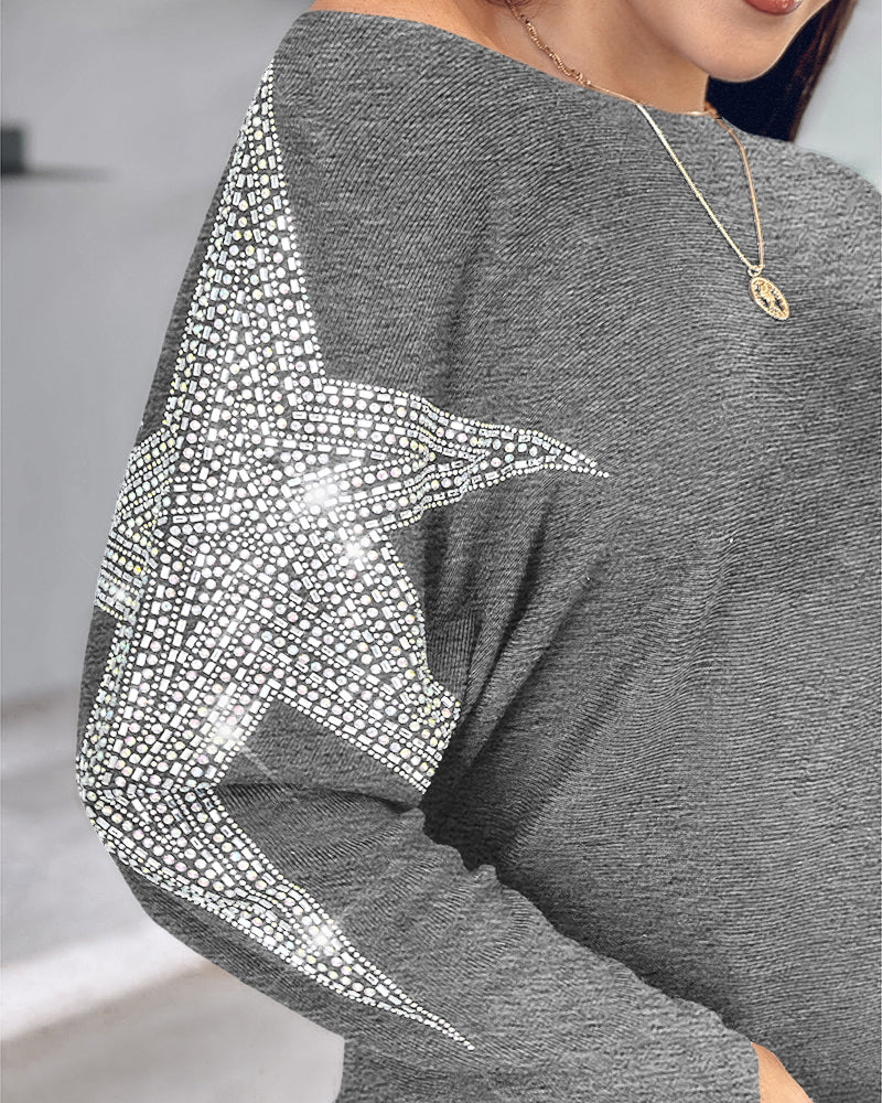Pullover Knit Sweaters Crewneck Batwing Sleeve Rhinestone Star Pattern Top