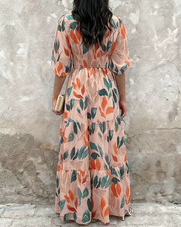 Plants Print V-Neck Half Sleeve Shirred Back Maxi Dress Casual Button Decor Ruched Ruffle Hem Vacation Dress