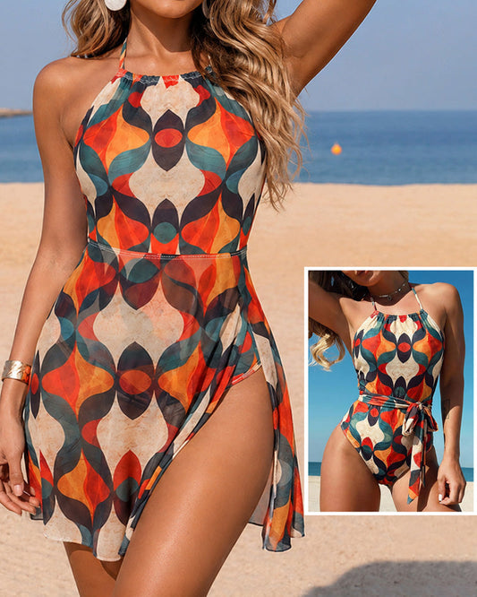 Vintage Colorblock Geometric Print Halter Backless Lace-up Back Dress Casual Side Slit Sheer Mesh Convertible Vacation Dress with Built-In Briefs