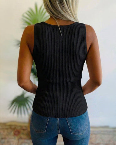 Rhinestone Decor U-Neck Sleeveless Tee Slim Fit Backless Ribbed Tank Top