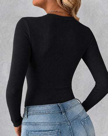 Women's V Neck Long Sleeve Ribbed Knit Top Slim Fit Base Layer Shirt Soft Stretchy Casual Tee with Built-in Bra