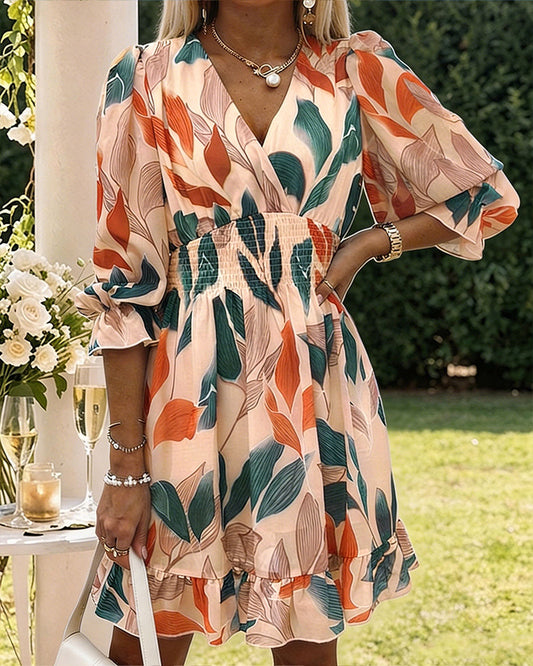 Women's Colorblock Leaf Print Midi Dress Overlap V-Neck Three Quarters Sleeve Shirred Waist Ruffle Hem A-Line Vacation Dress